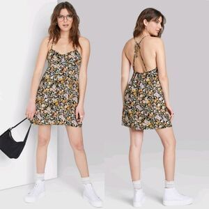Wild Fable black yellow purple ditsy boho floral mini strappy slip sun dress XS